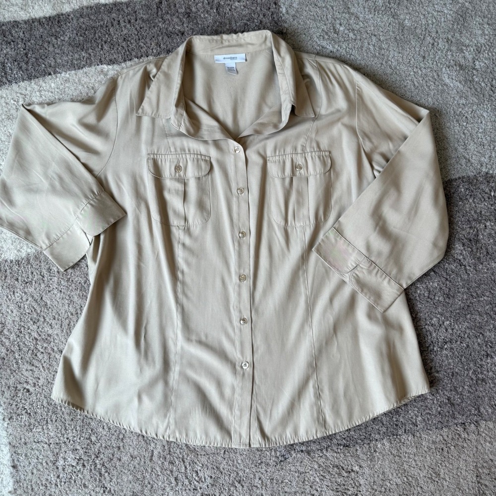 Dressbarn Woman Tan Khaki Button Front 3/4 Sleeve Blouse Top Size 18/20W‎